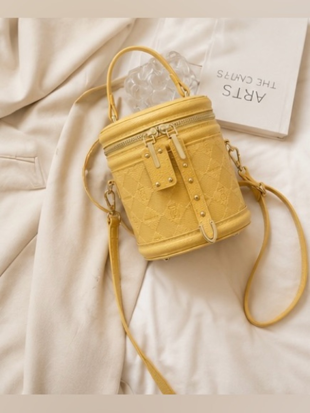 Mustard Yellow Quilted Cylinder Crossbody Bag | Top Handle Mini Vanity Purse